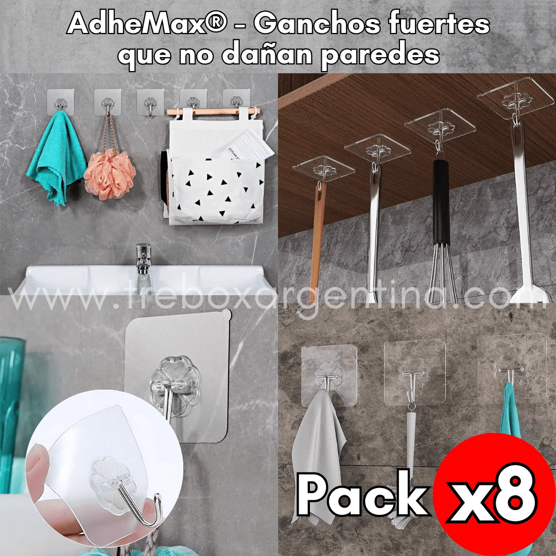 AdheMax® | Pack de 8 Ganchos fuertes que no dañan paredes