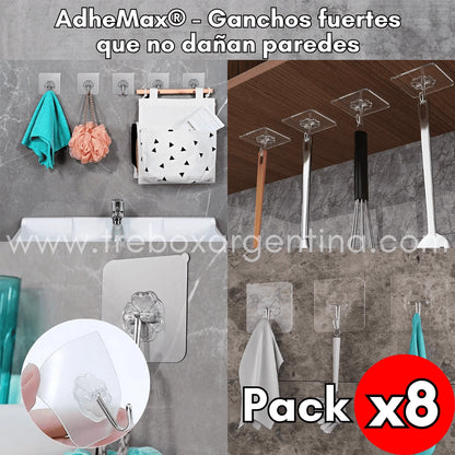 AdheMax® | Pack de 8 Ganchos fuertes que no dañan paredes